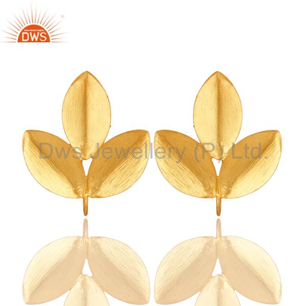 18-karat gold plated brass brushed finish leaf design post stud finding