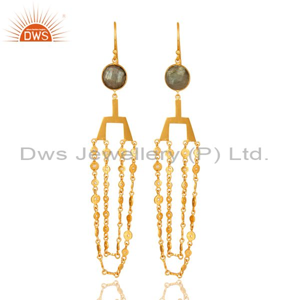 24K Yellow Gold Plated Brass Labradorite Gemstone Chain Chandelier Earrings