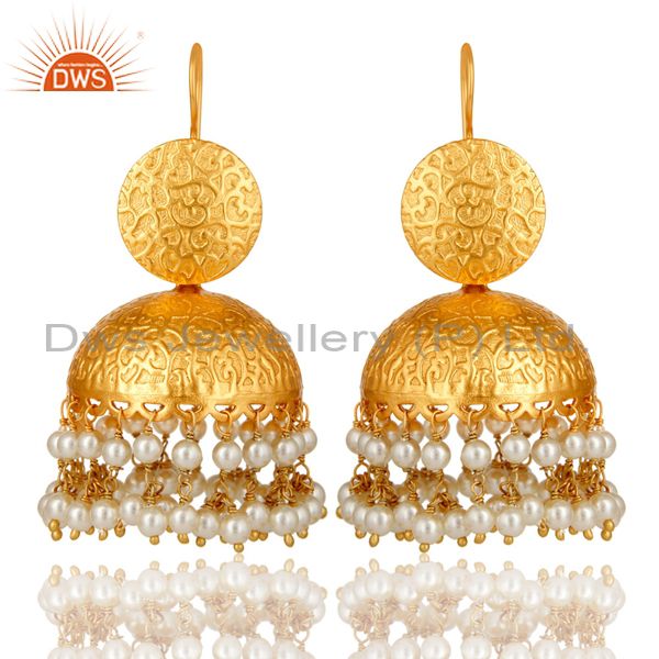 22k yellow gold plated brass south indian traditional jhumka earrings with pearl