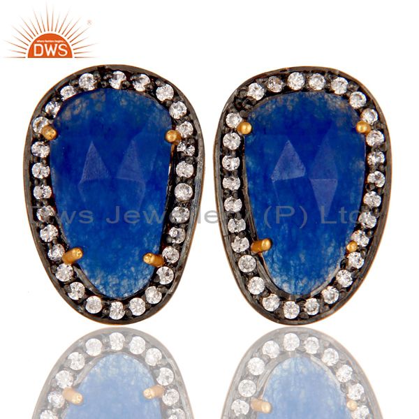 Natural Blue Aventurine and White CZ Yellow Gold Plated Stud Boutique Jewelry