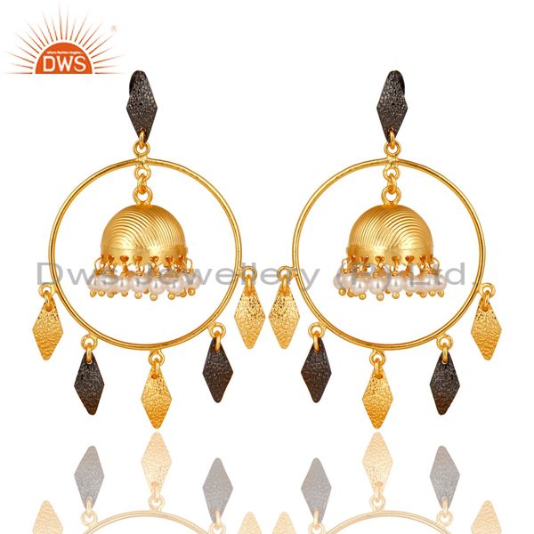 14K Yellow Gold Plated Traditional Handmade Round Pearl Beads Jhumka Earrings