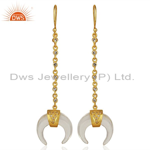 Crystal Quartz Crescent Moon 925 Sterling Silver 18k Gold Plated Dangle Earring