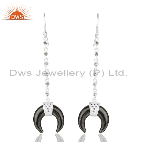 White Topaz With Hematite Crescent Moon 925 Sterling Silver Dangle Earring