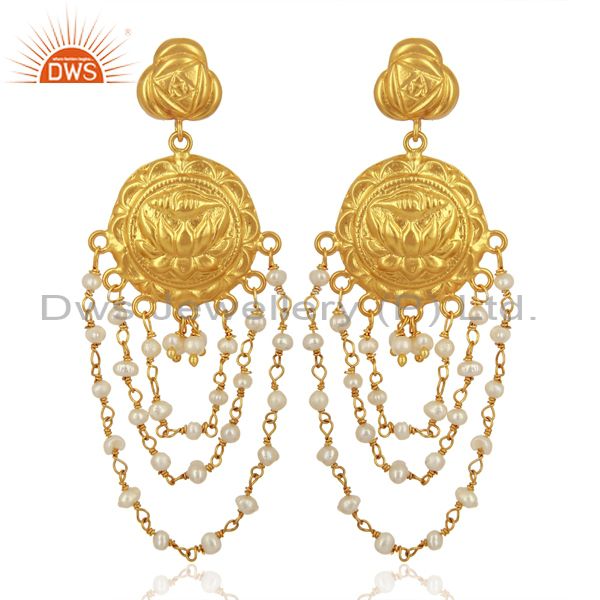 Draping Pearls 925 Sterling Silver 14K Yellow Gold Plated Chandelier Earrings