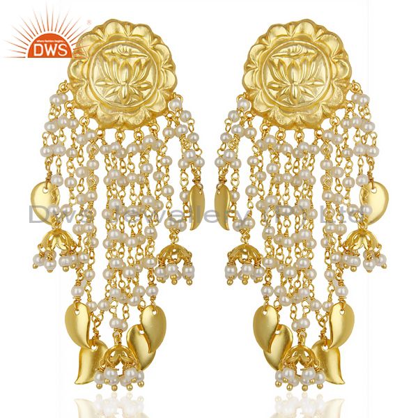 14K Gold Plated Handmade Lotus Carving Pearl Chandelier Fashion Earring Jewelry