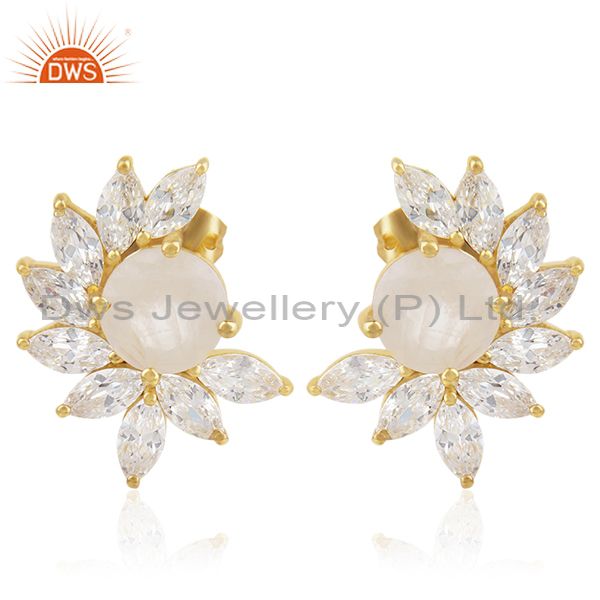 White Zircon and Moonstone New Designer Gold Plated Fashion Stud Earring Jewelry