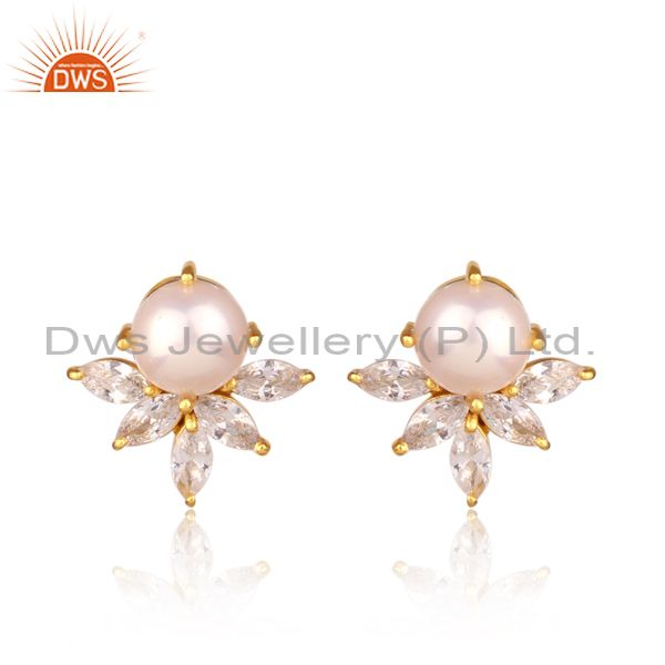 Cz And Pearls Set Gold On 925 Sterling Silver Floral Earring