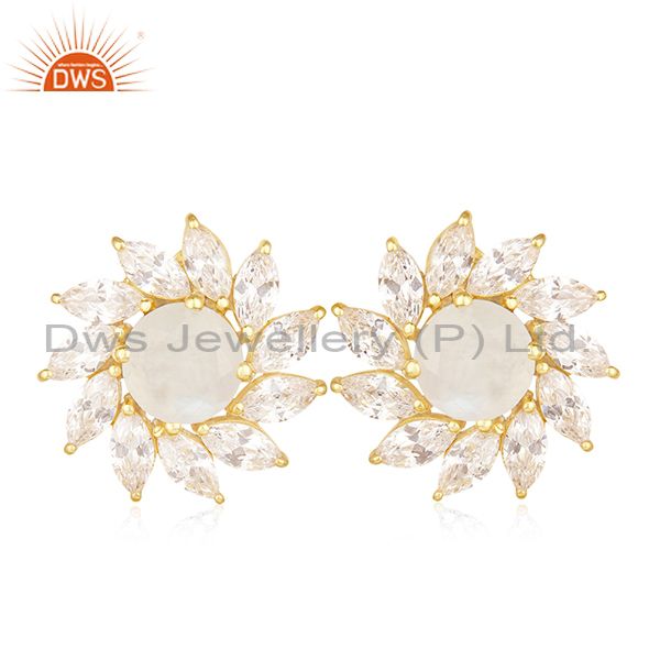 Floral Design Gold Plated Brass Fashion Gemstone Wedding Stud Earrings Wholesale