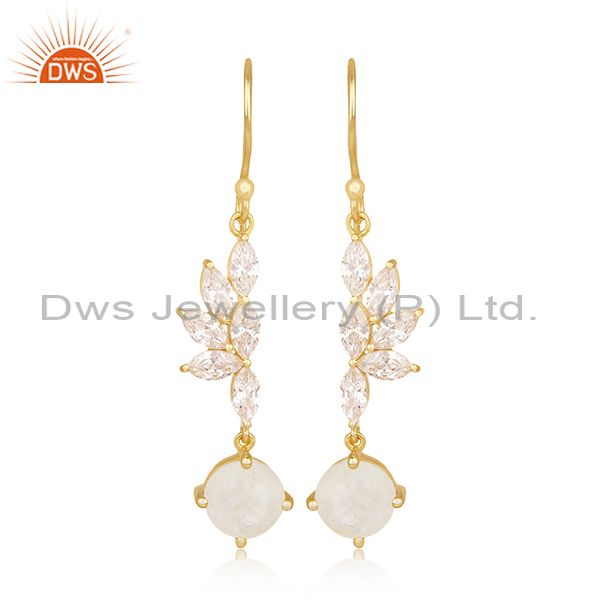 Rainbow Moonstone and Cz Gold Plated Brass Fashion Earring for Girls Jewelry