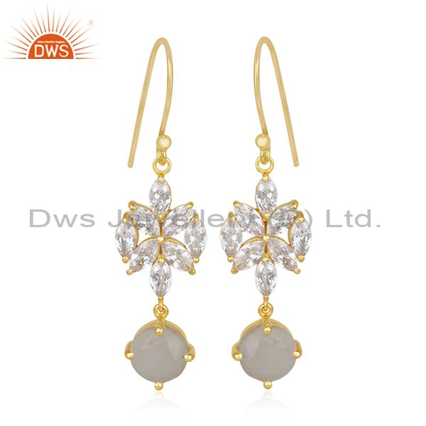 Gold Plated Brass White Zircon and Rainbow Moonstone Dangle Earring Manufacturer