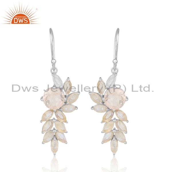 Rose quartz sterling silver floral ear wire drop earrings