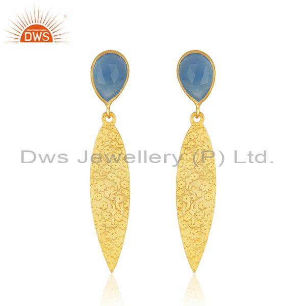 Texture Designer Gold Plated Brass Blue Chalcedony Gemstone Earrings Jewelry