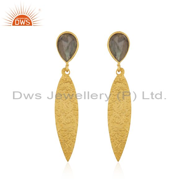 Labradorite Gemstone Texture Gold Plated Brass Earrings Jewelry