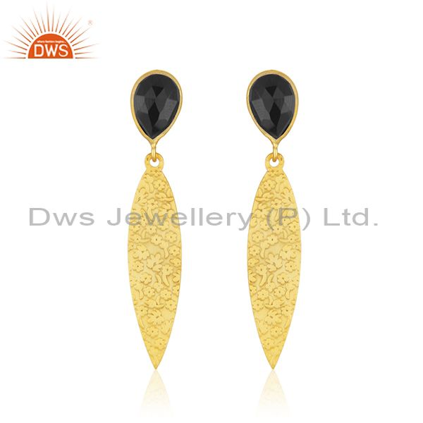 Designer Textured Brass Fashion Black Onyx Gemstone Earrings Jewelry