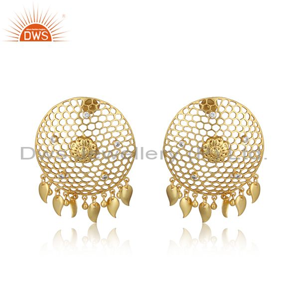 Designer honeycomb yellow gold on fashion large earring with cz