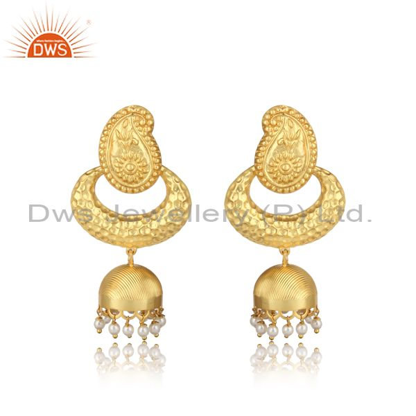 Traditional designer yellow gold on fashion jhumka with pearls