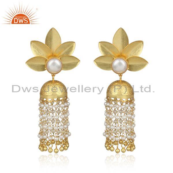 Traditional floral design gold on silver 925 pearl earring