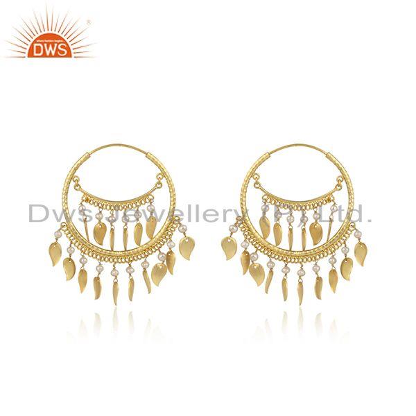 Traditional chand bali design pearl yellow gold on silver earrings