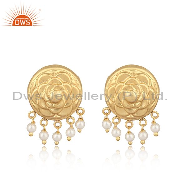 Handmade traditional yellow gold on fashion earring with pearl