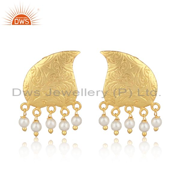 Textured traditional designer gold on fashion earring with pearls