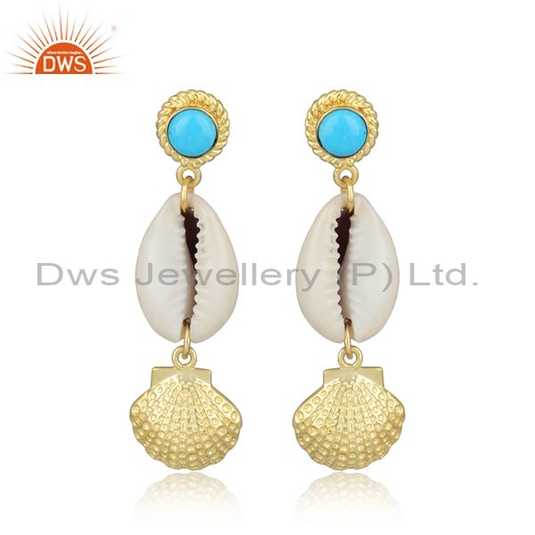 Turquoise Cultured Cabushion And Cowrie Brass Gold Earrings
