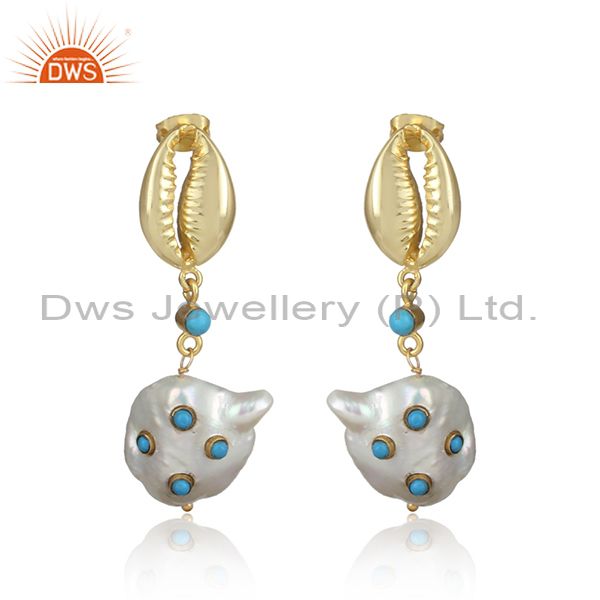 Turquoise And Fresh Water Pearl Brass Drop Earrings