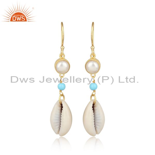 Cowrie, Pearl And Turquoise Cultured Brass Gold Earrings