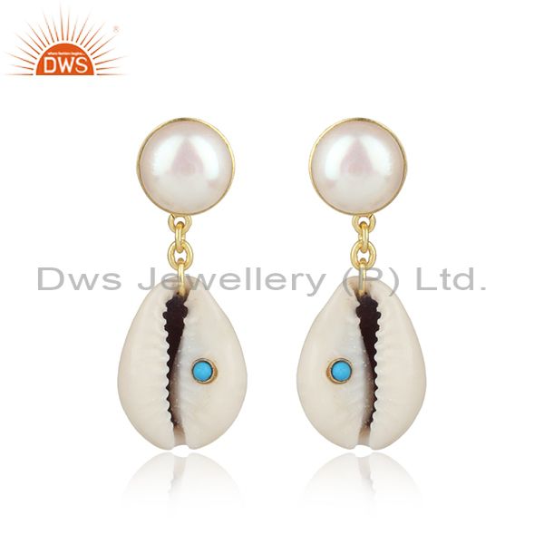 Cowrie, Pearl And Turquoise Brass Tear Shaped Earrings