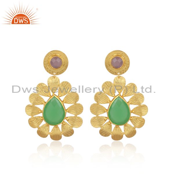 Pear Shaped Prehnite Set Floral Ethnic Gold On Brass Earring