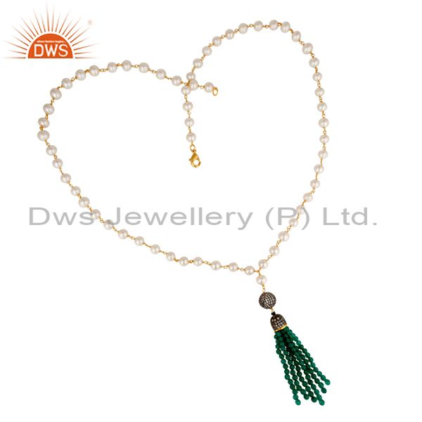 18k gold plated sterling silver pearl and green onyx tassel pendant necklace