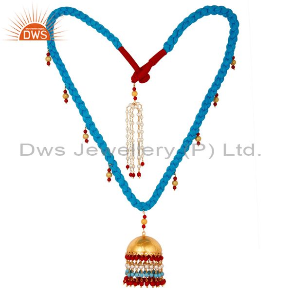 White pearl coral and turquoise indian traditional 18k gold plated necklace