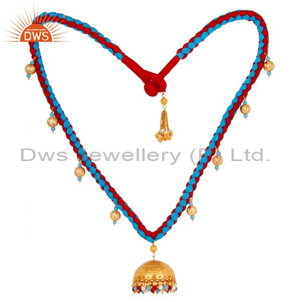 Turquoise coral and white pearl indian traditional 18k gold plated necklace