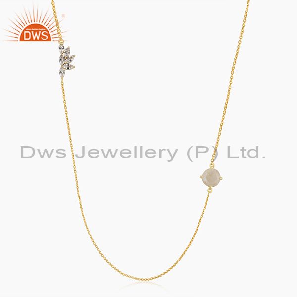 Cz and rainbow moonstone gold plated brass fashion chain necklace manufacturer