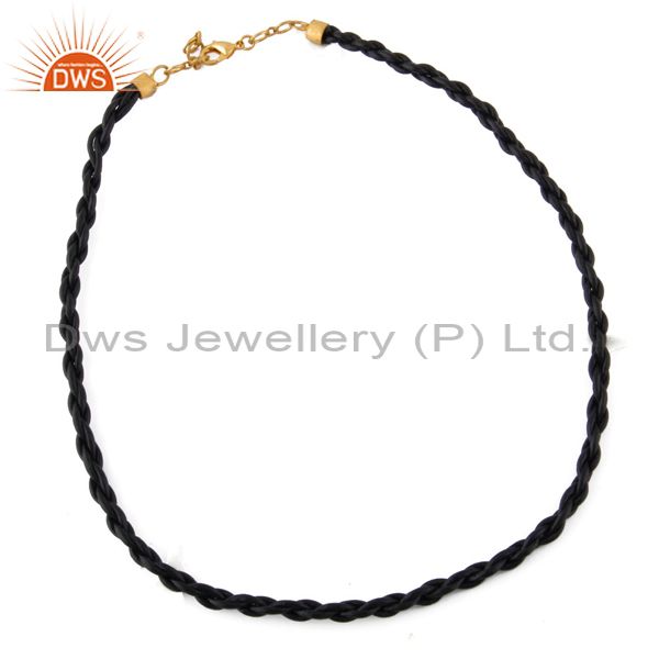 Handmade unisex braided black leather knit adjustable necklace lobster clasp 18k