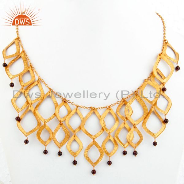 Natural garnet beads with 18k yellow gold plated chandelier fashion necklace