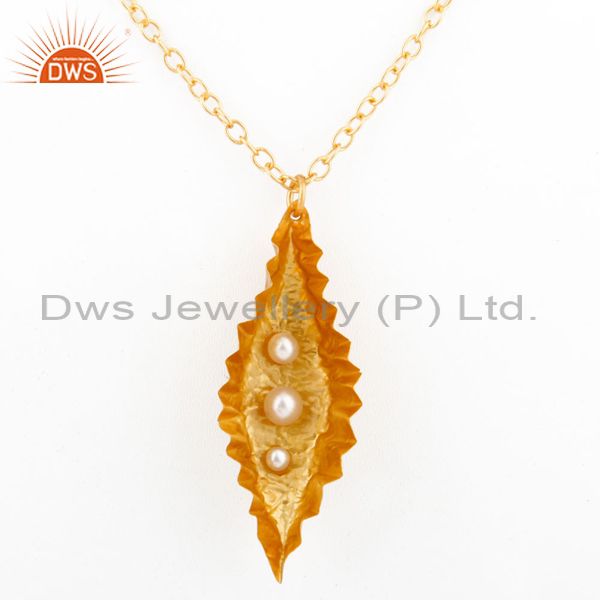 Fold formed leaf designer light weight pendant with chain natural pearl 18k gold