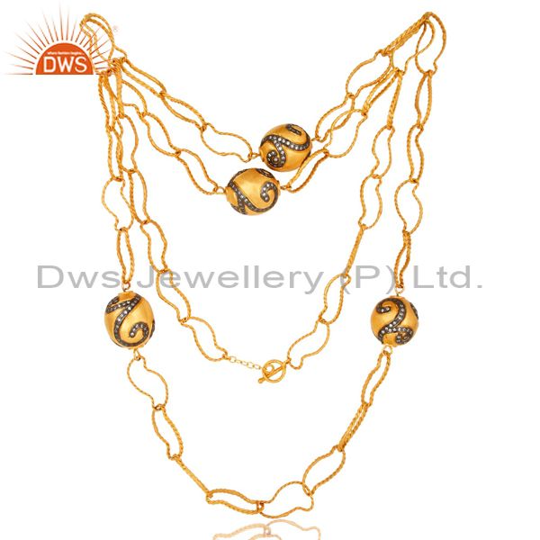 22k gold plated brass twisted wire link chain necklace with cz spheres