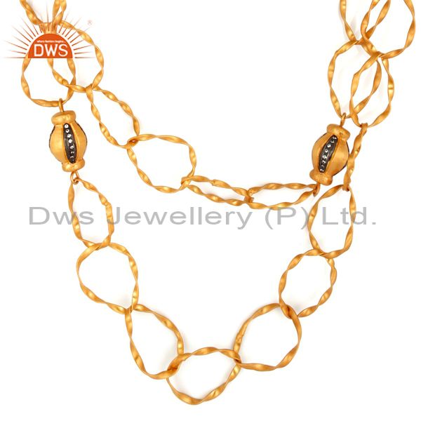 Indian artisan 24k gold vermeil white zircon hammered designer fashion necklace
