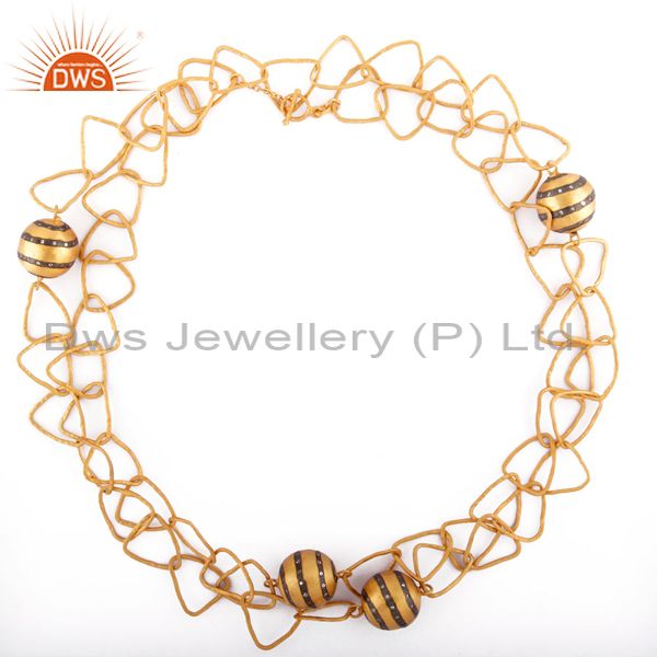 Trendy look crafted hammered matte polished 18k yellow gold gp link chain necklace
