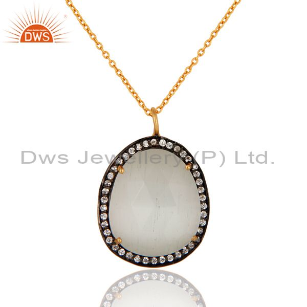 Cubic zirconia and moonstone prong set pendant necklace with 24k gold plated