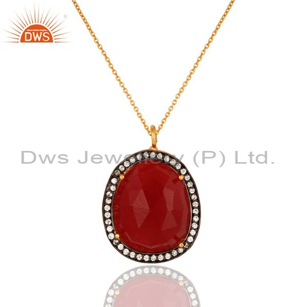 Faceted red aventurine pendant with cz made in 24k gold over brass