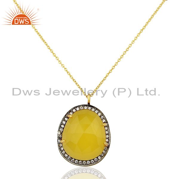 Yellow chalcedony gemstone cz gold plated 925 silver chain pendant
