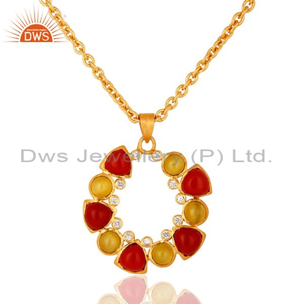Handmade yellow moonstone and coral gemstone pendant necklace - 14k gold plated