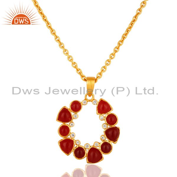 Handmade red aventurine and cz gold plated pendant with 16" inch chain