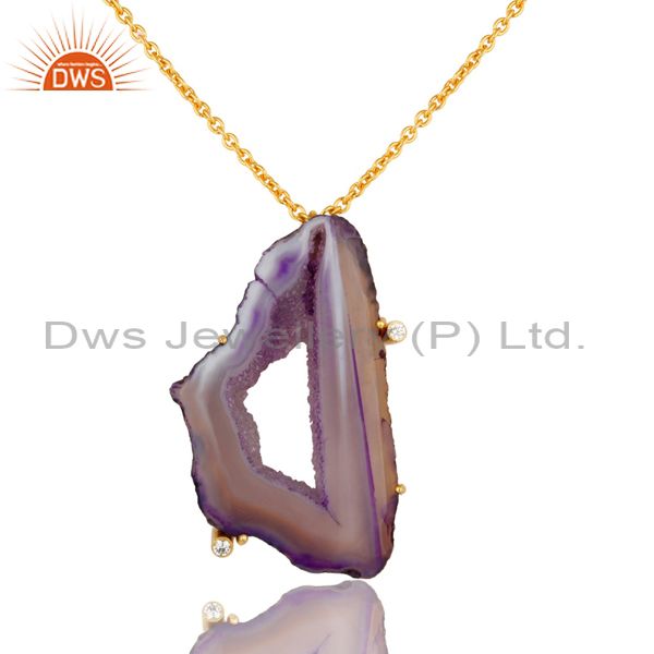 Purple druzy agate yellow gold plated pendant chain necklace with lobster lock