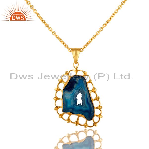 Handmade blue druzy slice agate gold plated designer pendant necklace