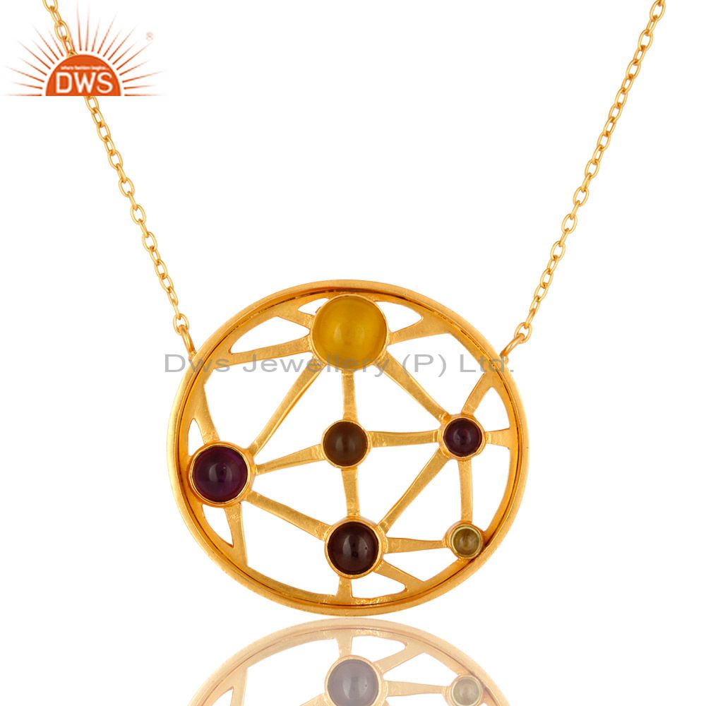 24k gold plated sterling silver multi colored gemstone circle pendant necklace