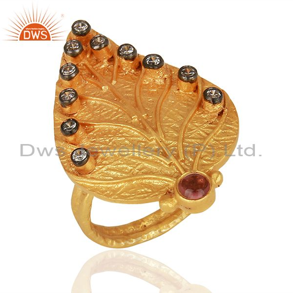 22K Yellow Gold Plated Pink Tourmaline And CZ Leaf Designer Statement Ring