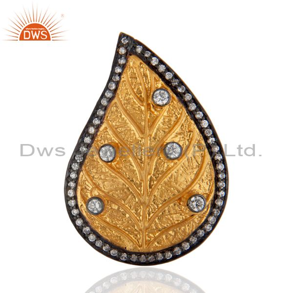 18K Gold Plated Classic Leaf Designer Pave Fake Diamond Fashion Long Finger Ring