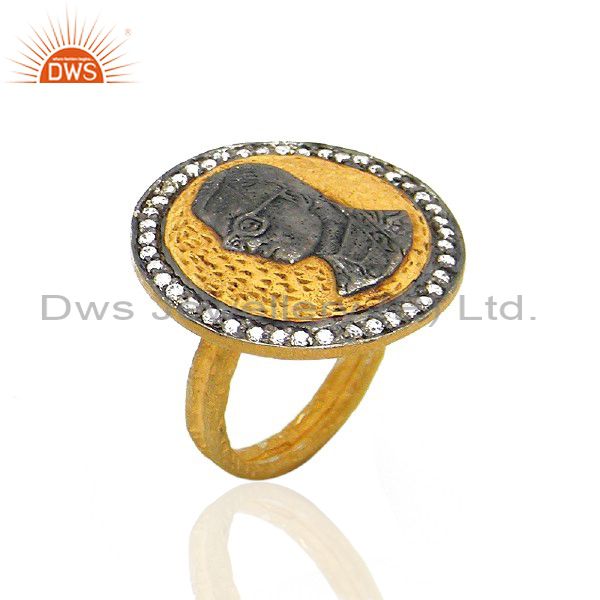 22K Yellow Gold Plated Brass Hammered Stack Cocktail Ring With CZ